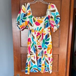 Multicolor Leaf-Print Mini Dress with Puff Sleeves